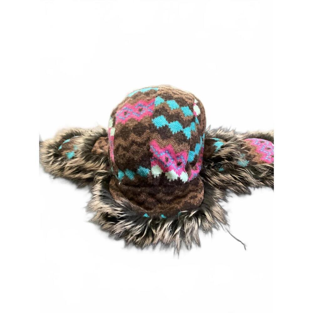Cozy Faux Fur Trimmed Trapper Hat with Colorful  Southwestern Pattern